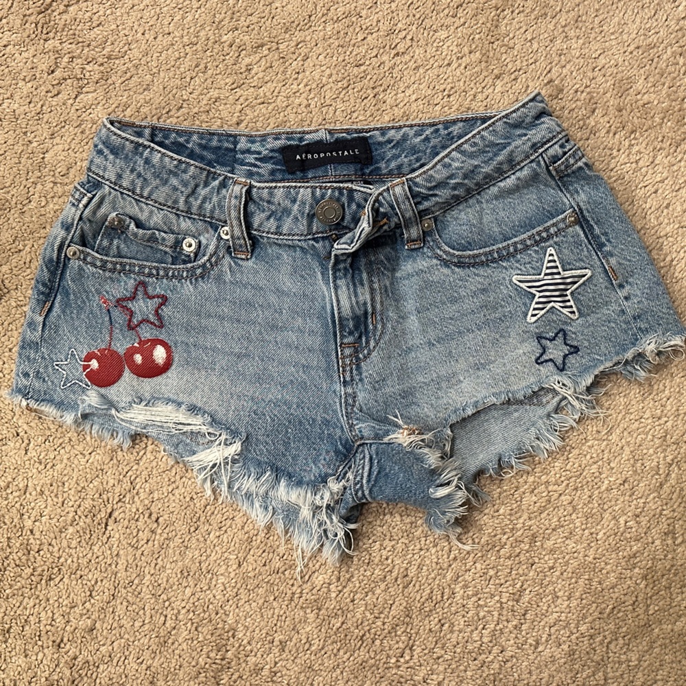 Aeropostale Women's Light Blue Embroidered Denim Cutoff Shorts
